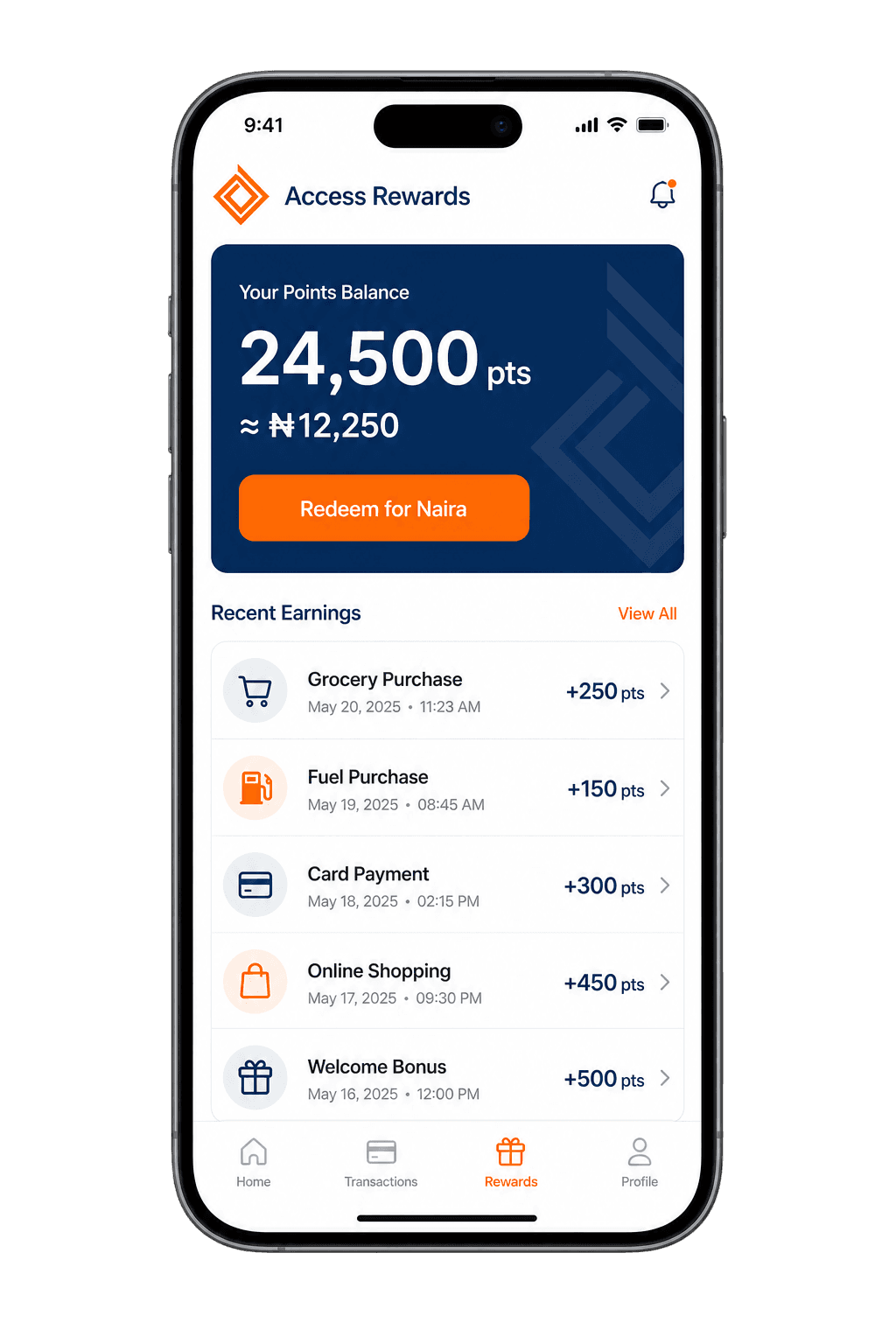 The Access Rewards app showing a points balance and a Redeem for Naira button